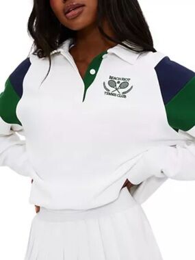 Beach Riot White Crewneck Sweater with Navy & Green Stripes